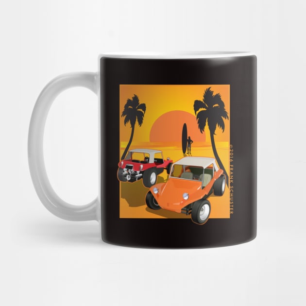 Red and Orange Dune Buggies on Beach w Sunset by PauHanaDesign